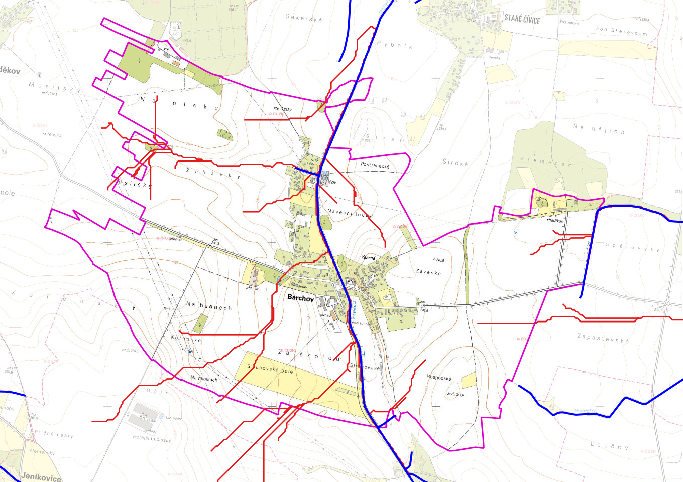 Odtokové linie na území obce Barchov