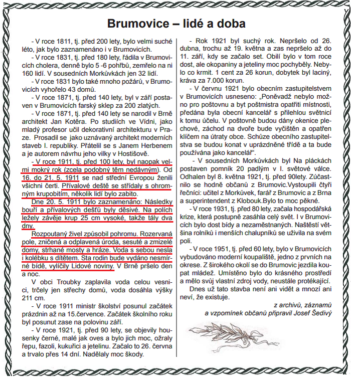 Písemný záznam o povodni z roku 1911 ve zpravodaji obce Brumovice