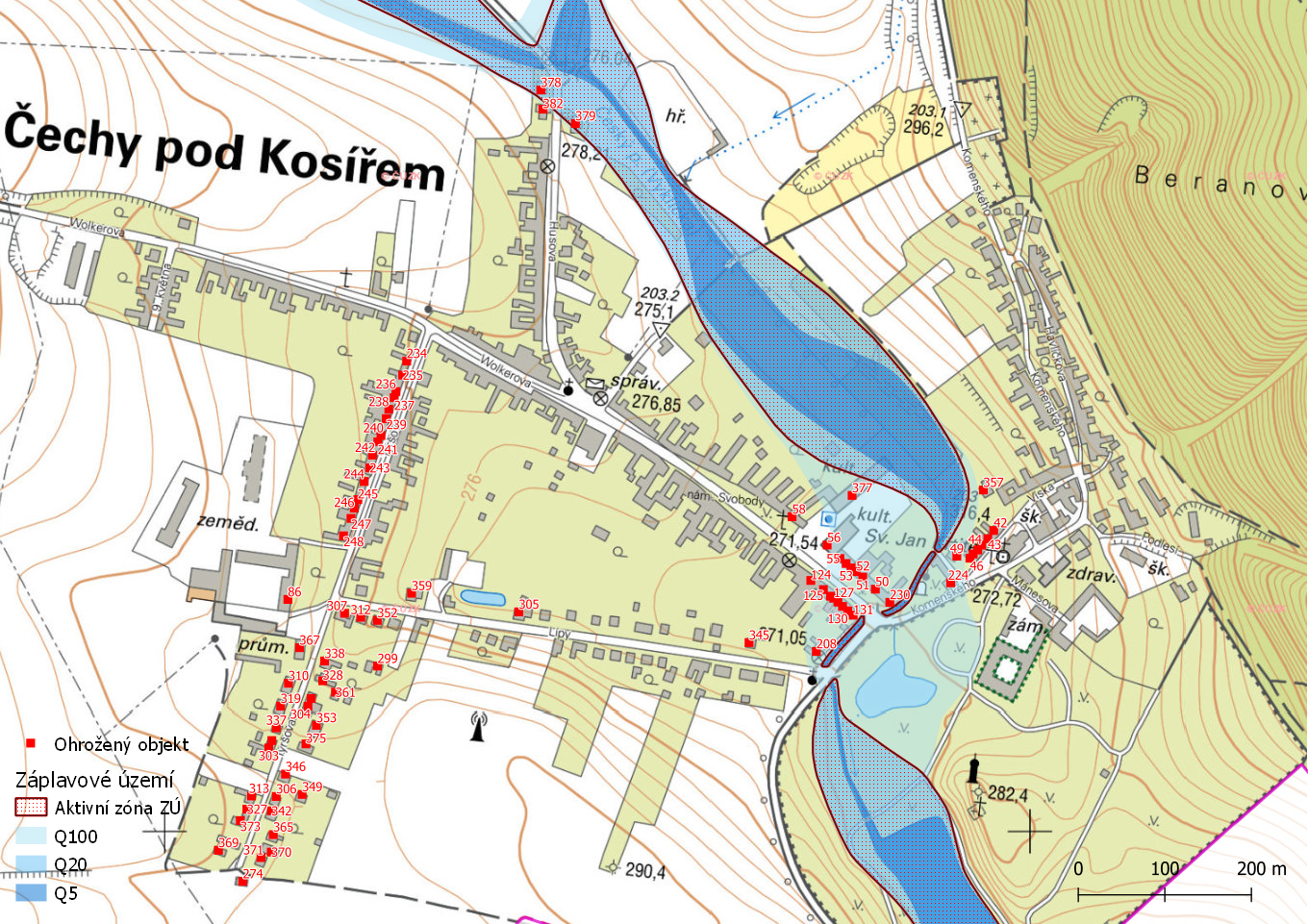 Ohrožené objekty na území obce Čechy pod Kosířem s vyznačeným záplavovým územím