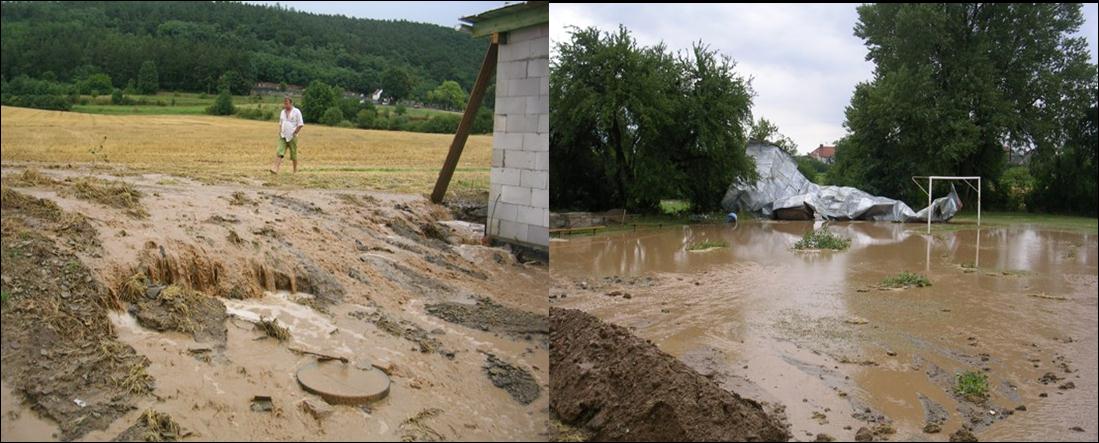 Povodně v Čechách pod Kosířem v roce 2008 - zvýšení hladiny, zaplavení pozemků v severní části obce