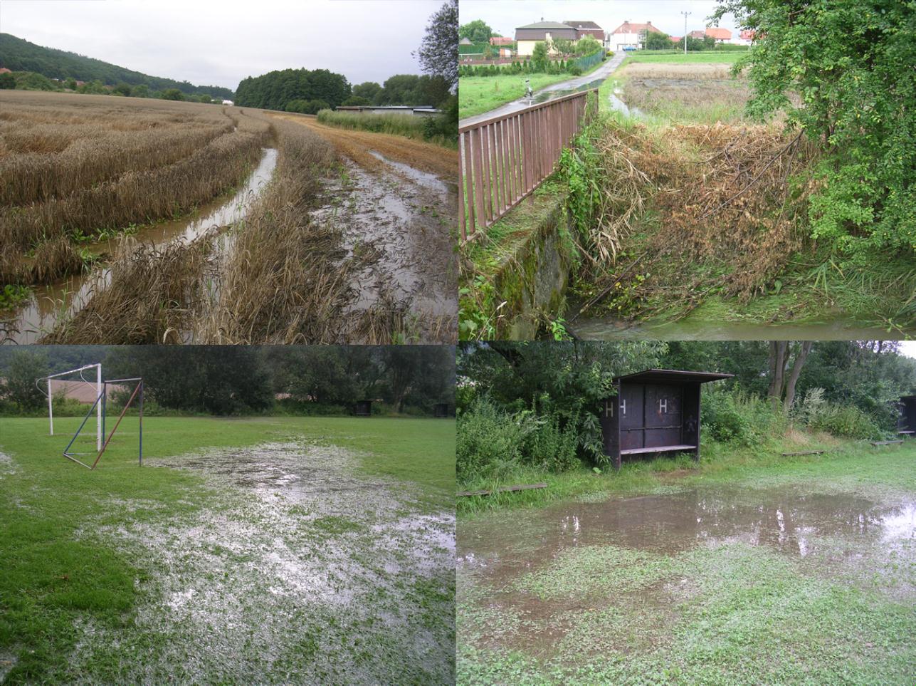 Povodně v Čechách pod Kosířem v roce 2010 - zvýšení hladiny, zaplavení pozemků v okolí fotbalového hřiště a komunikace ve směru k penzionu Mánes