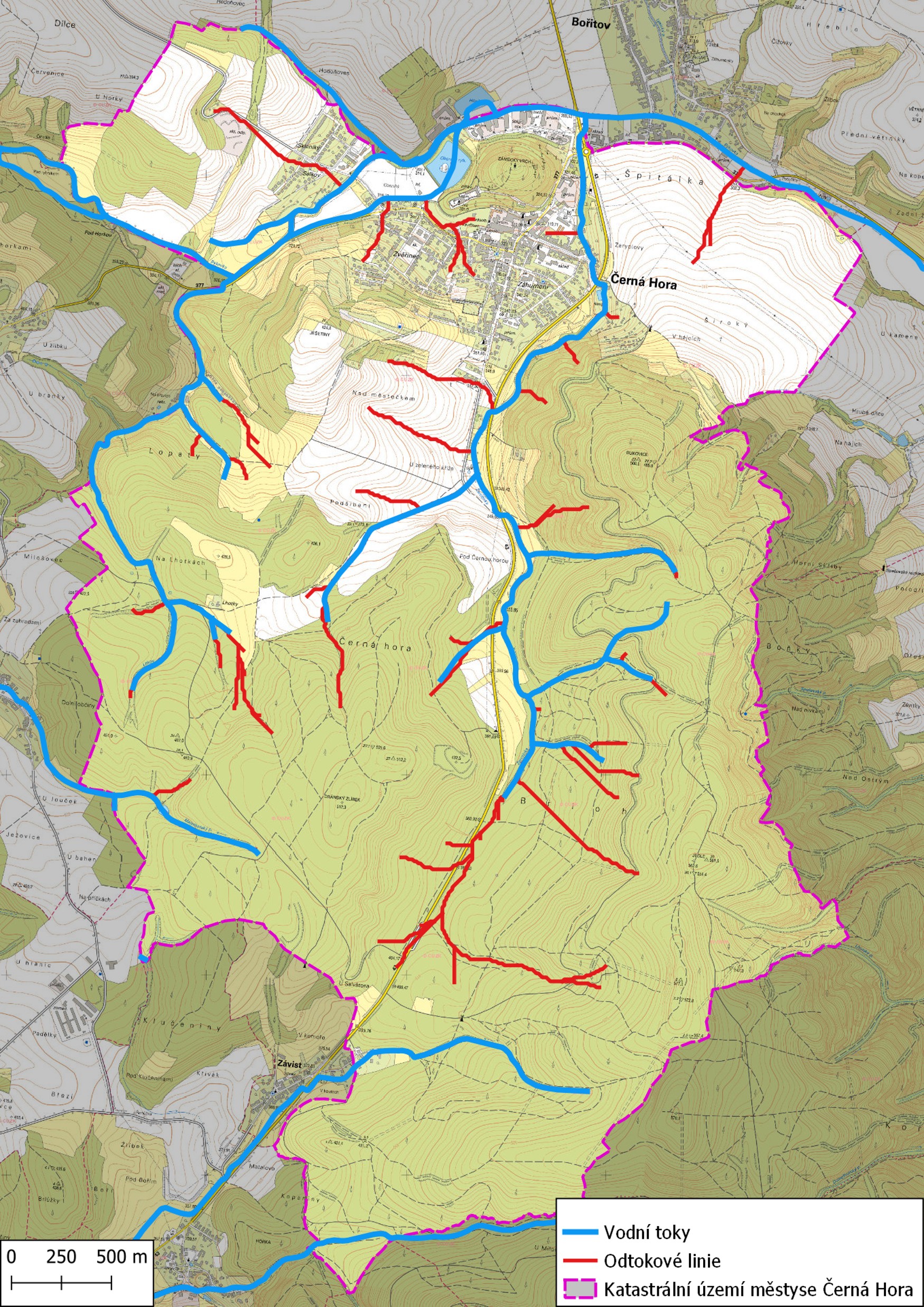 Odtokové linie na území městyse Černá Hora