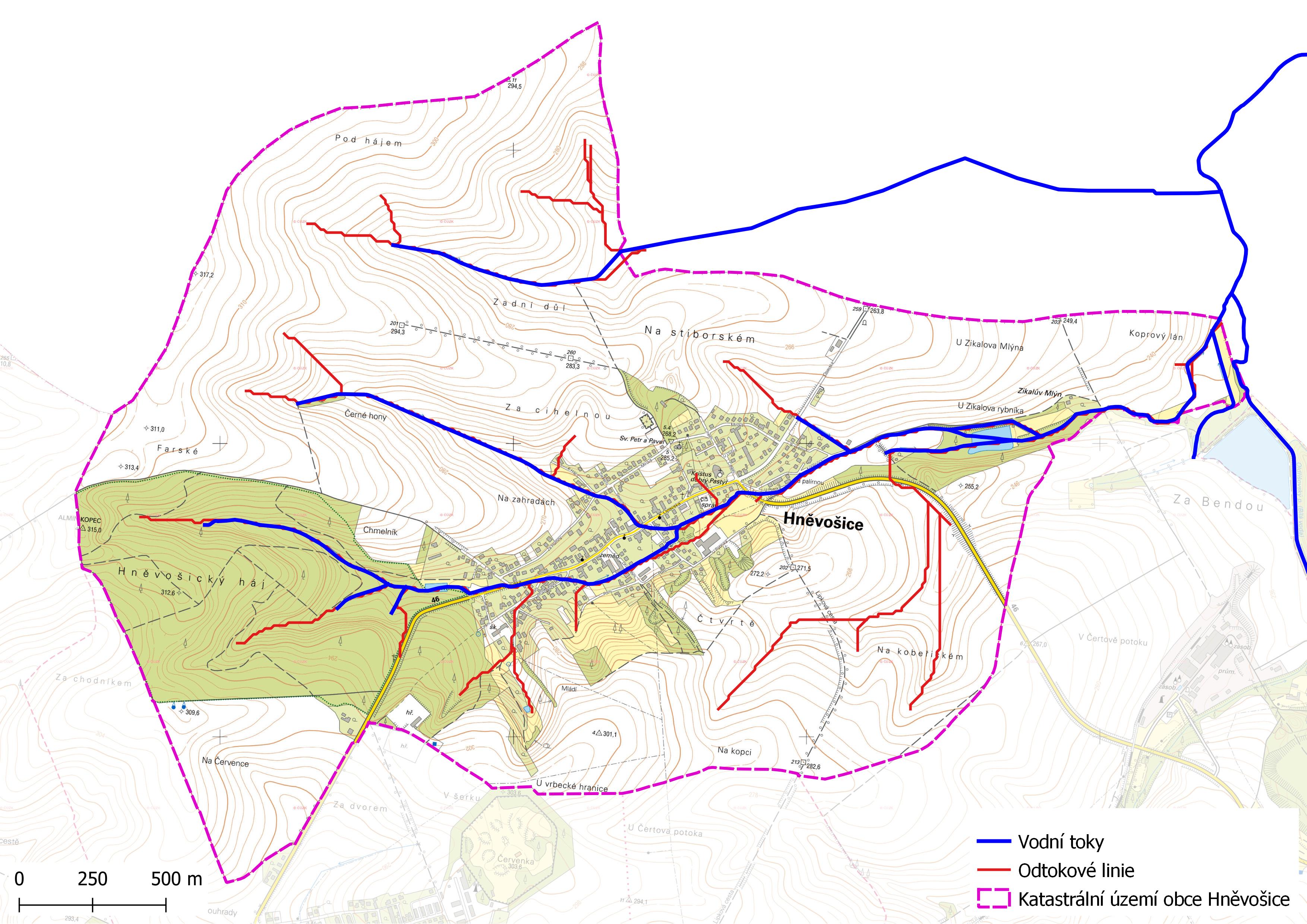 Odtokové linie na území obce Hněvošice