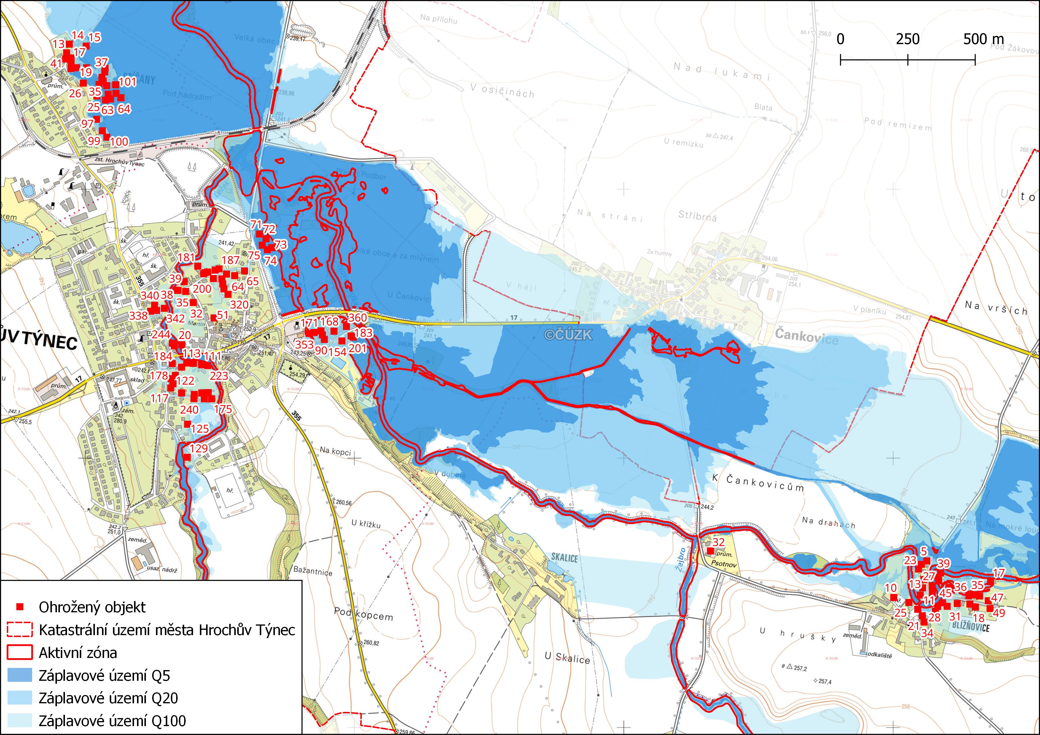 Ohrožené objekty na území města Hrochův Týnec s vyznačeným záplavovým územím