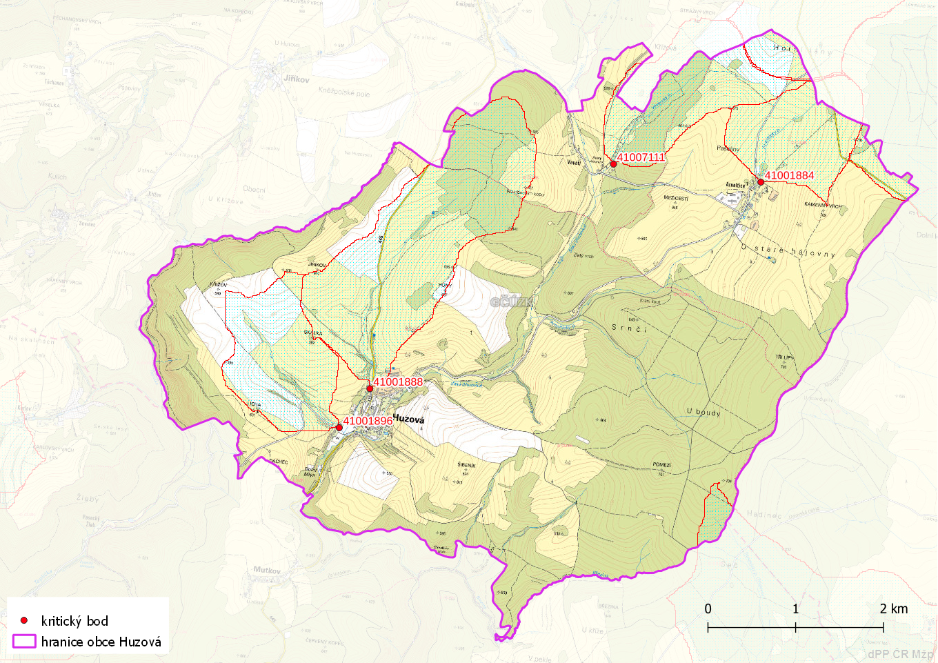 Kritické body na území obce Huzová