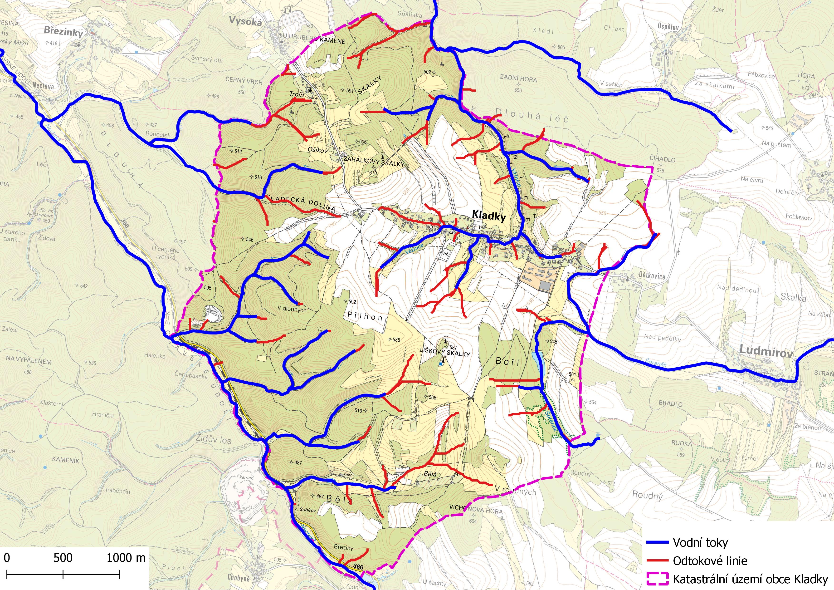 Odtokové linie na území obce Kladky