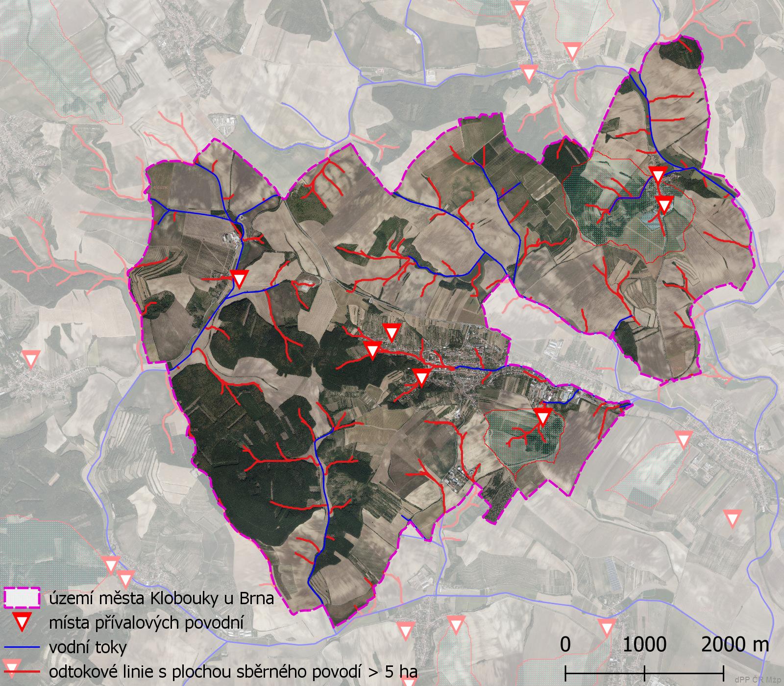 Mapa přívalových povodní na území města Klobouky u Brna
