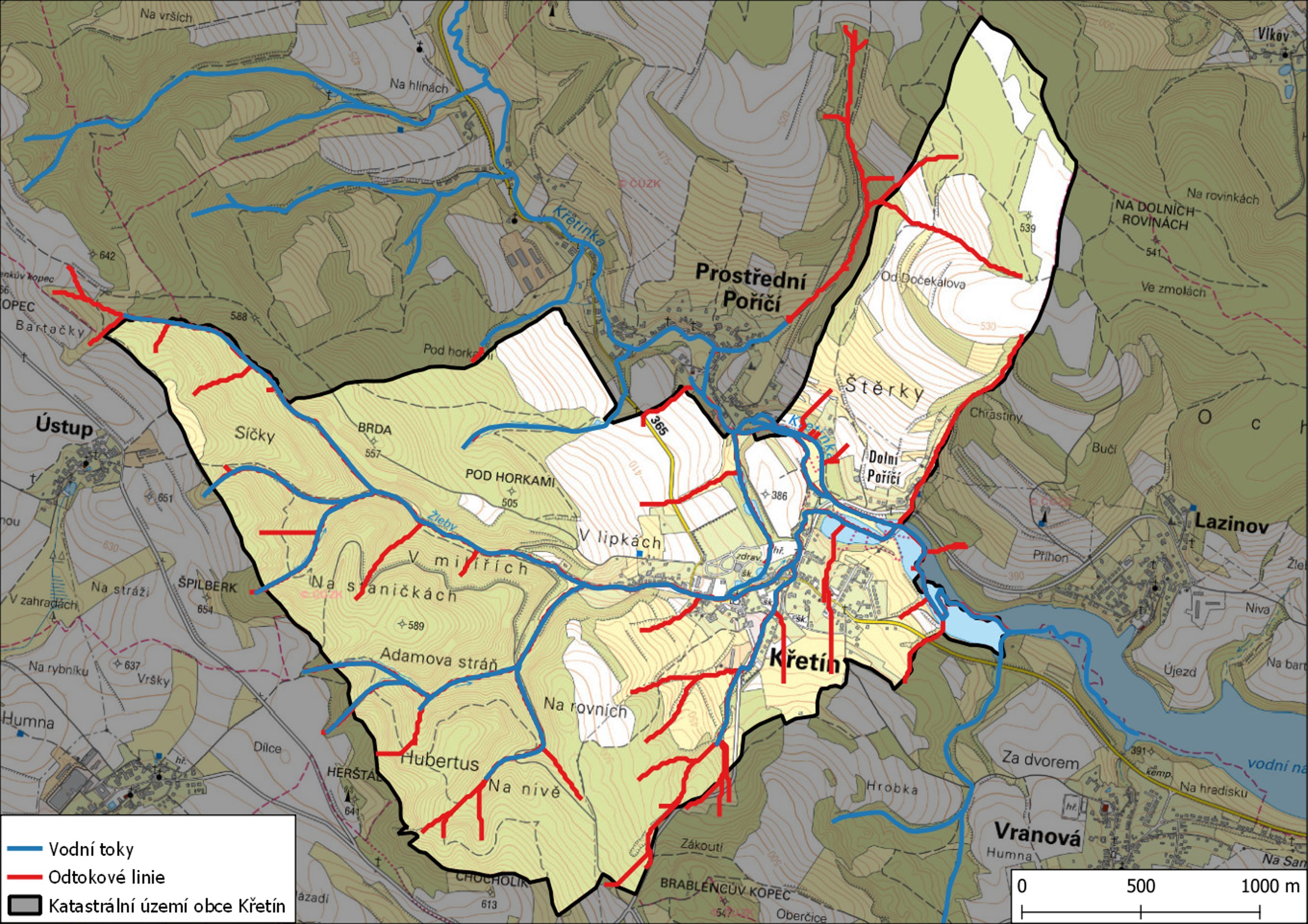 Odtokové linie na území obce Křetín
