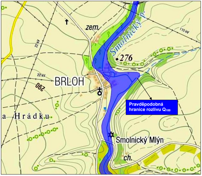 Pravděpodobný rozliv Smolnického potoka v městské části Brloh