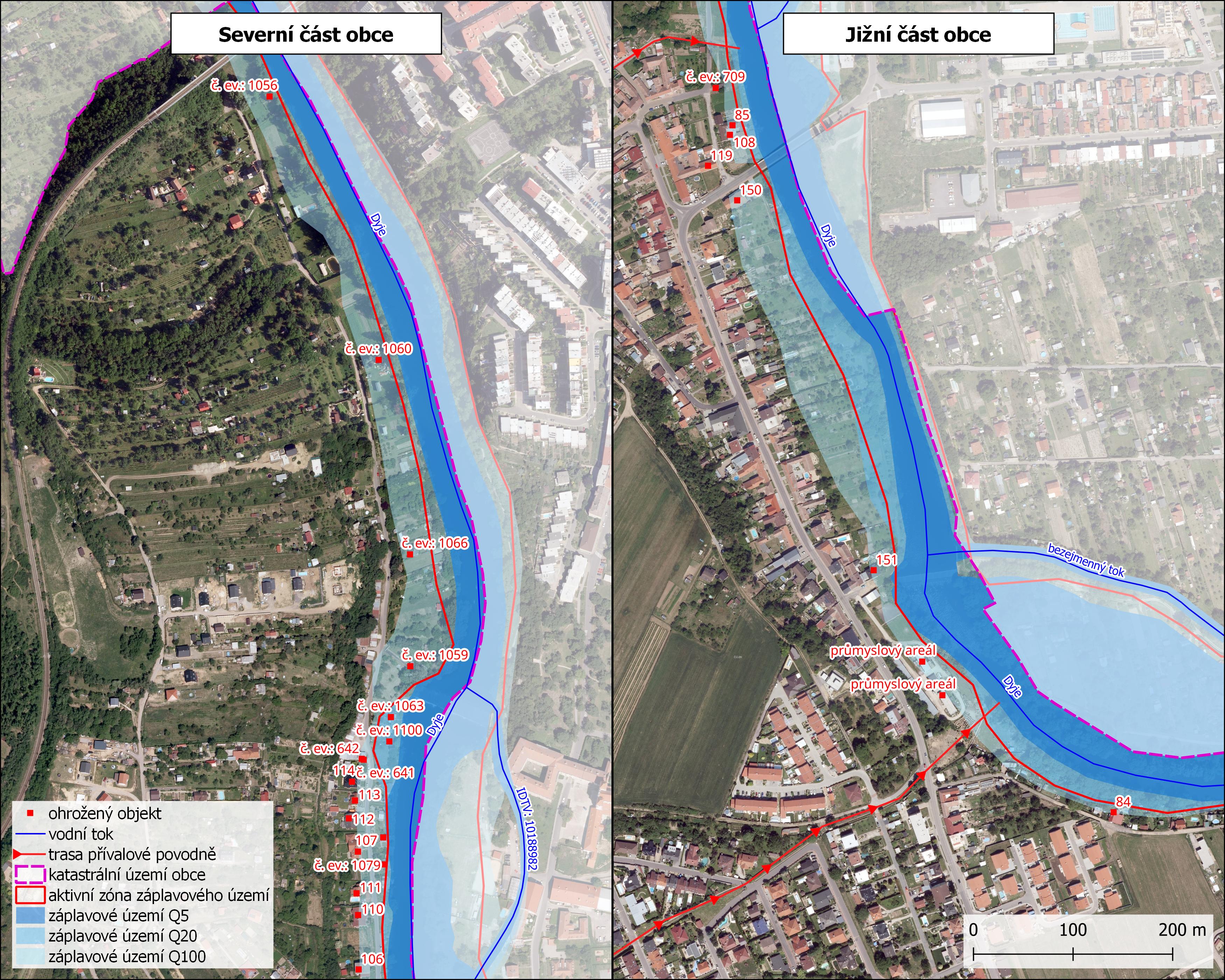 Ohrožené objekty na území obce Nový Šaldorf-Sedlešovice s vyznačeným záplavovým územím