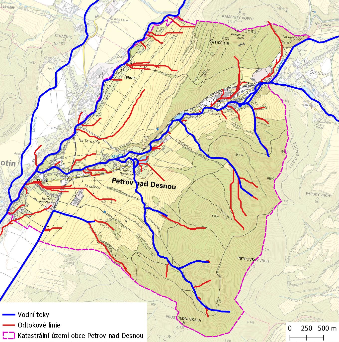 Odtokové linie na území obce Petrov nad Desnou