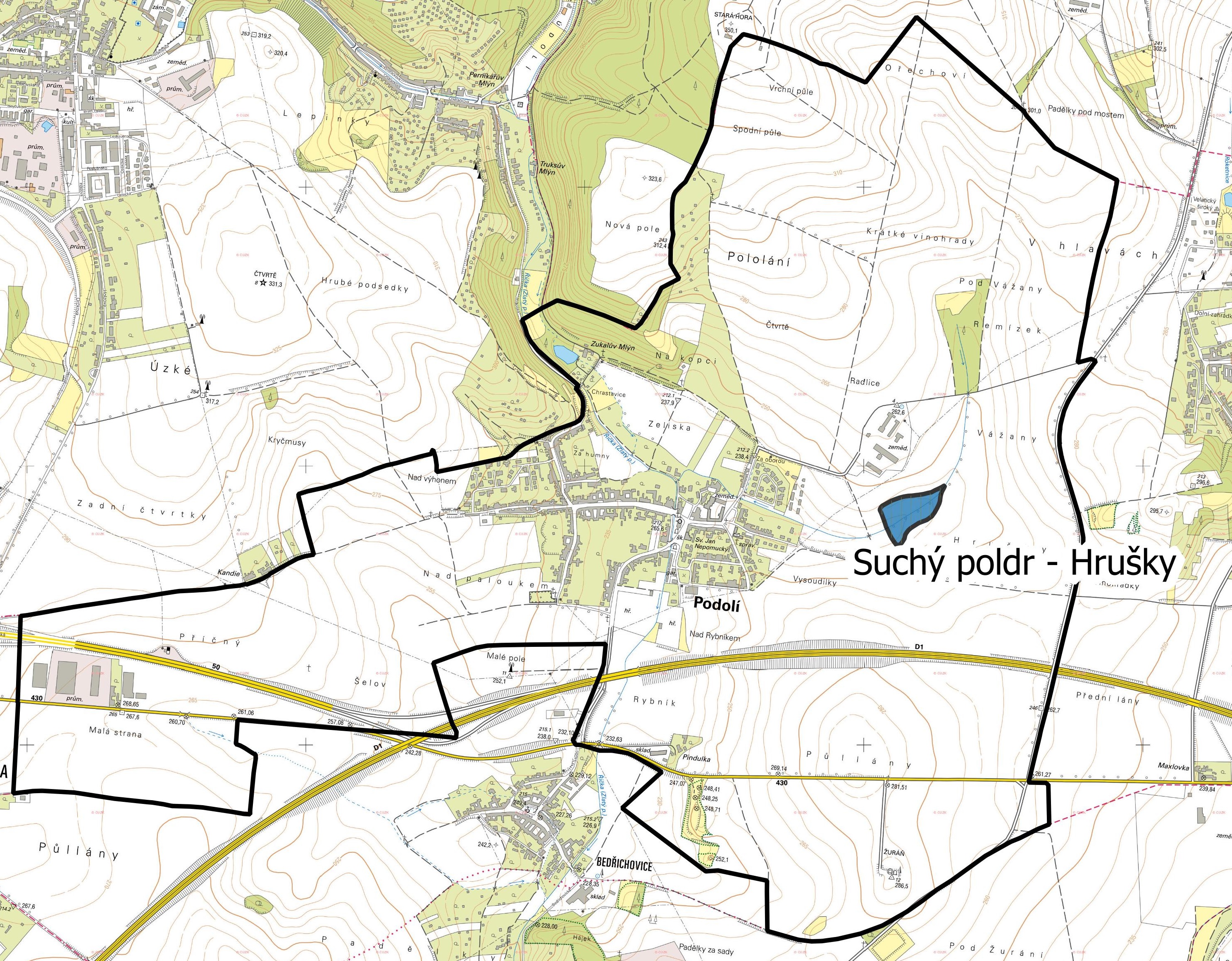 Vyznačení suchého poldru v povodí bezejmenného toku v lokalitě Hrušky