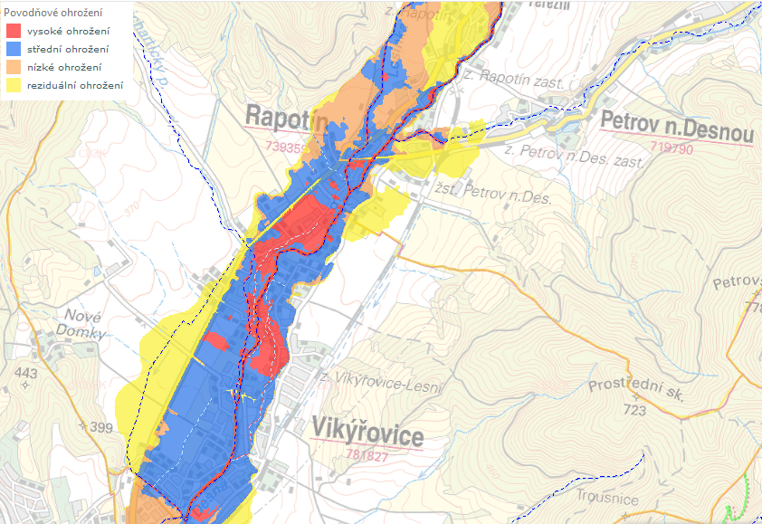 Mapa povodňového ohrožení na území obce Rapotín
