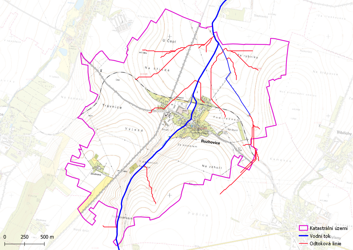Odtokové linie s plochou sběrného povodí > 5 ha na území obce Rozhovice