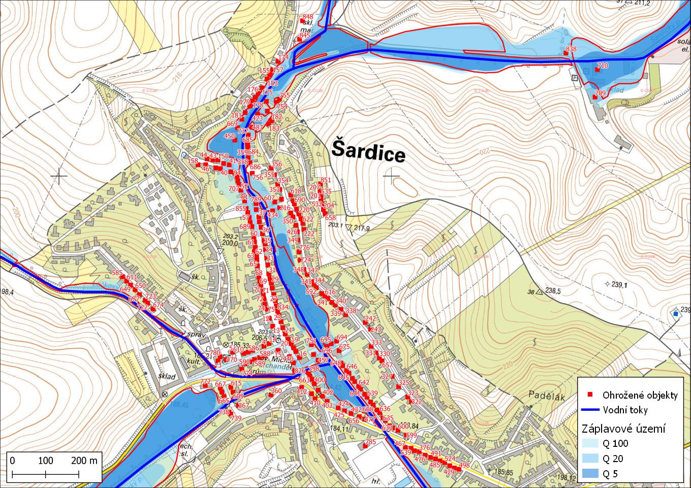 Ohrožené objekty na území obce Šardice s vyznačeným záplavovým územím