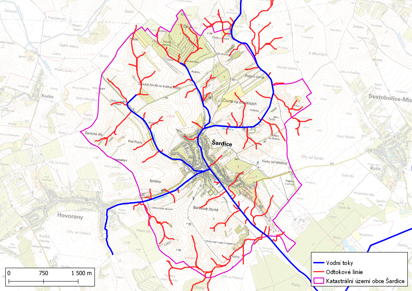 Odtokové linie s plochou sběrného povodí > 5 ha na území obce Šardice