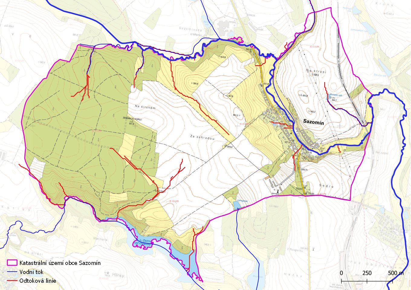 Odtokové linie s plochou sběrného povodí > 5 ha na území obce Sazomín