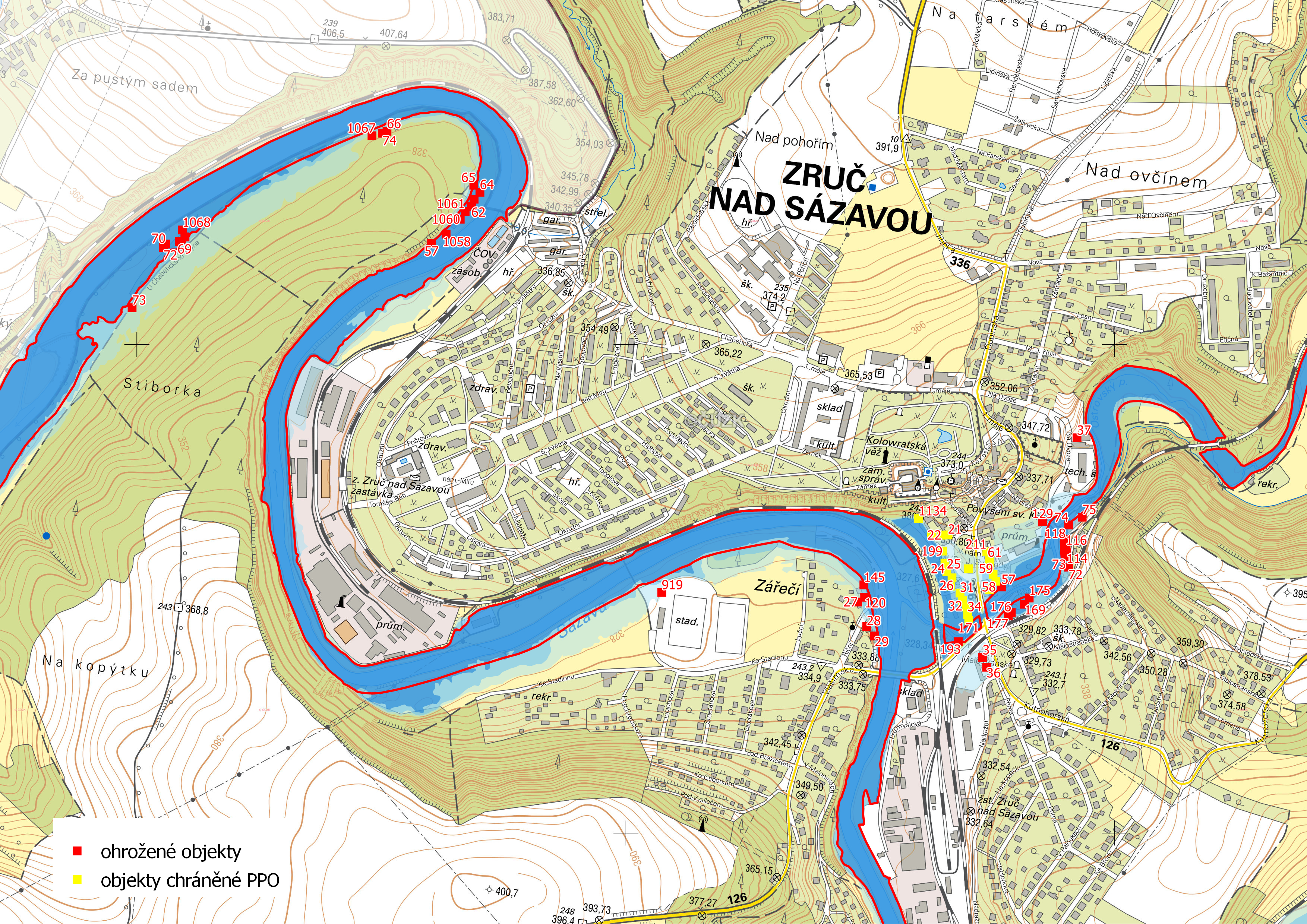 Ohrožené objekty v katastrální části Zruč nad Sázavou s vyznačeným záplavovým územím