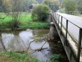 Spláví zachytávající se na středním pilíři mostu č. 390-008 přes Oslavu v Tasově (v pozadí objekty Panského Mlýna) 